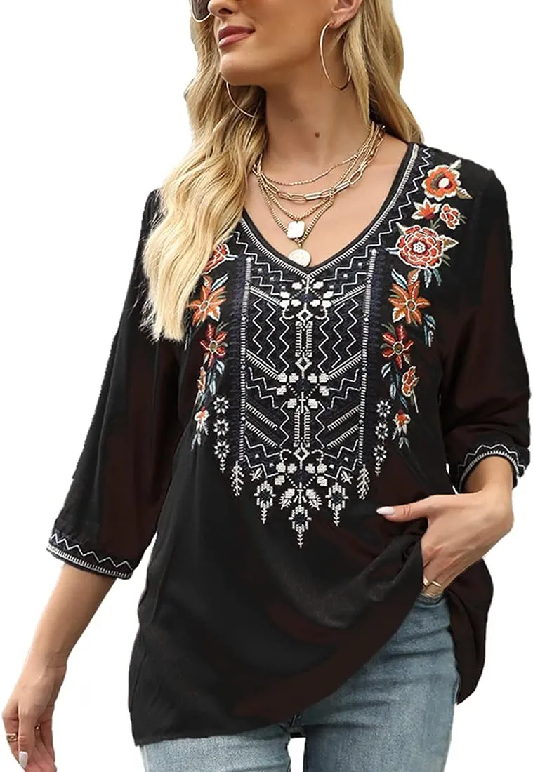 AK Women's Embroidered Tops 3/4 Sleeve Traditional Mexican Shirts for Women V Neck Peasant Tunic Blouses