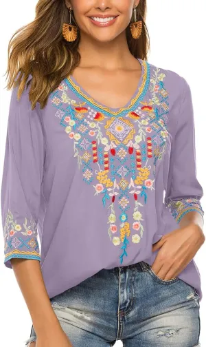 AK Women's Embroidered Tops 3/4 Sleeve Traditional Mexican Shirts for Women V Neck Peasant Tunic Blouses
