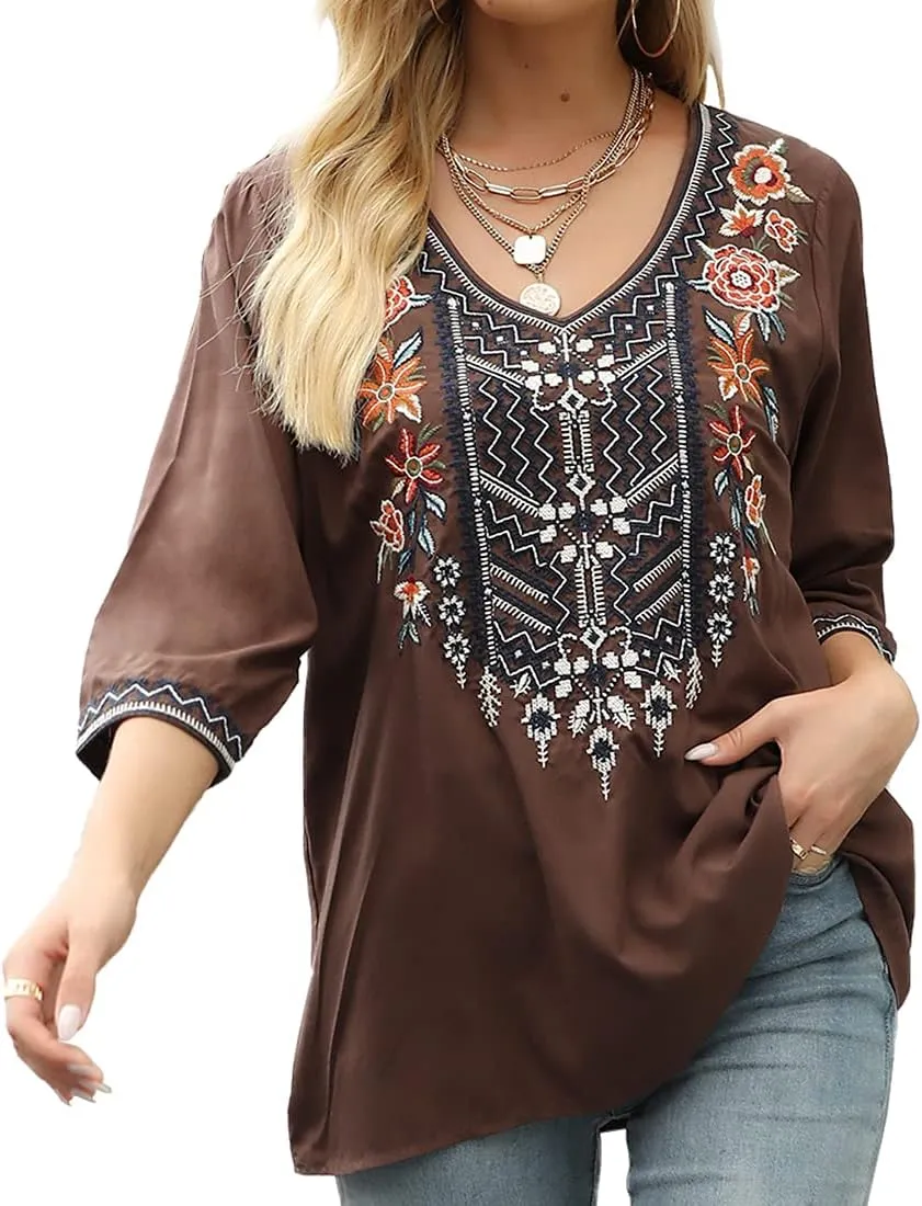 AK Women's Embroidered Tops 3/4 Sleeve Traditional Mexican Shirts for Women V Neck Peasant Tunic Blouses