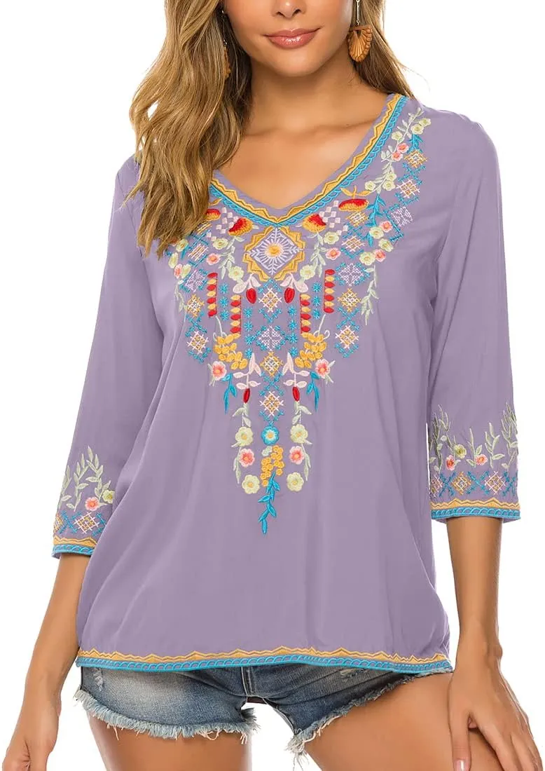 AK Women's Embroidered Tops 3/4 Sleeve Traditional Mexican Shirts for Women V Neck Peasant Tunic Blouses