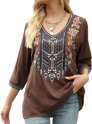 AK Women's Embroidered Tops 3/4 Sleeve Traditional Mexican Shirts for Women V Neck Peasant Tunic Blouses