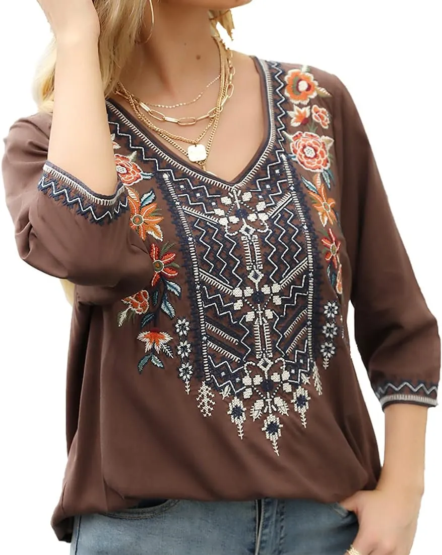 AK Women's Embroidered Tops 3/4 Sleeve Traditional Mexican Shirts for Women V Neck Peasant Tunic Blouses