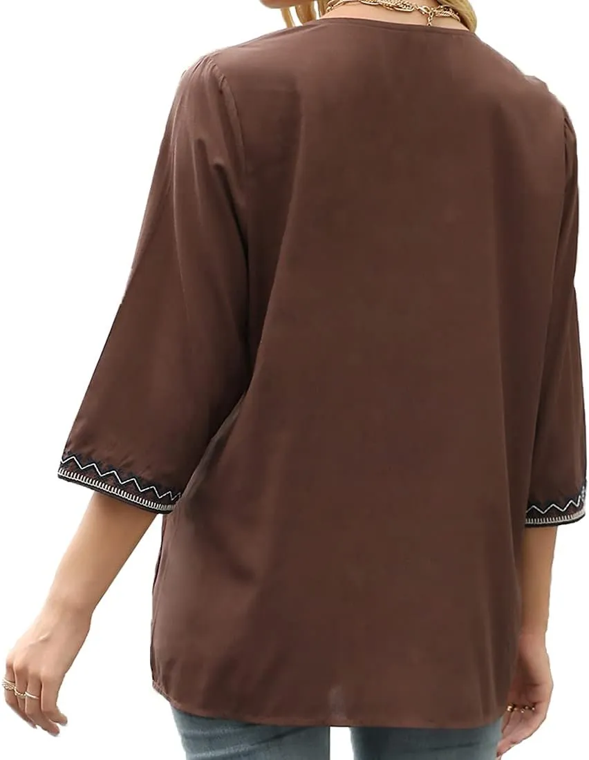 AK Women's Embroidered Tops 3/4 Sleeve Traditional Mexican Shirts for Women V Neck Peasant Tunic Blouses