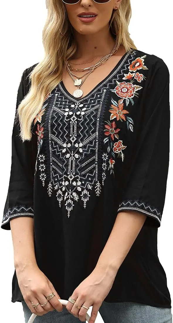 AK Women's Embroidered Tops 3/4 Sleeve Traditional Mexican Shirts for Women V Neck Peasant Tunic Blouses