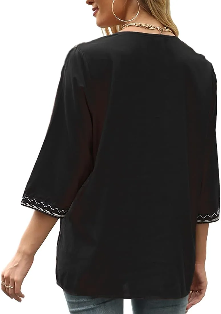 AK Women's Embroidered Tops 3/4 Sleeve Traditional Mexican Shirts for Women V Neck Peasant Tunic Blouses
