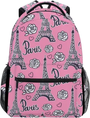 ALAZA Paris Eiffel Tower & Rose Flower Pink Large Backpack Personalized Laptop iPad Tablet Travel School Bag with Multiple Pockets for Men Women College