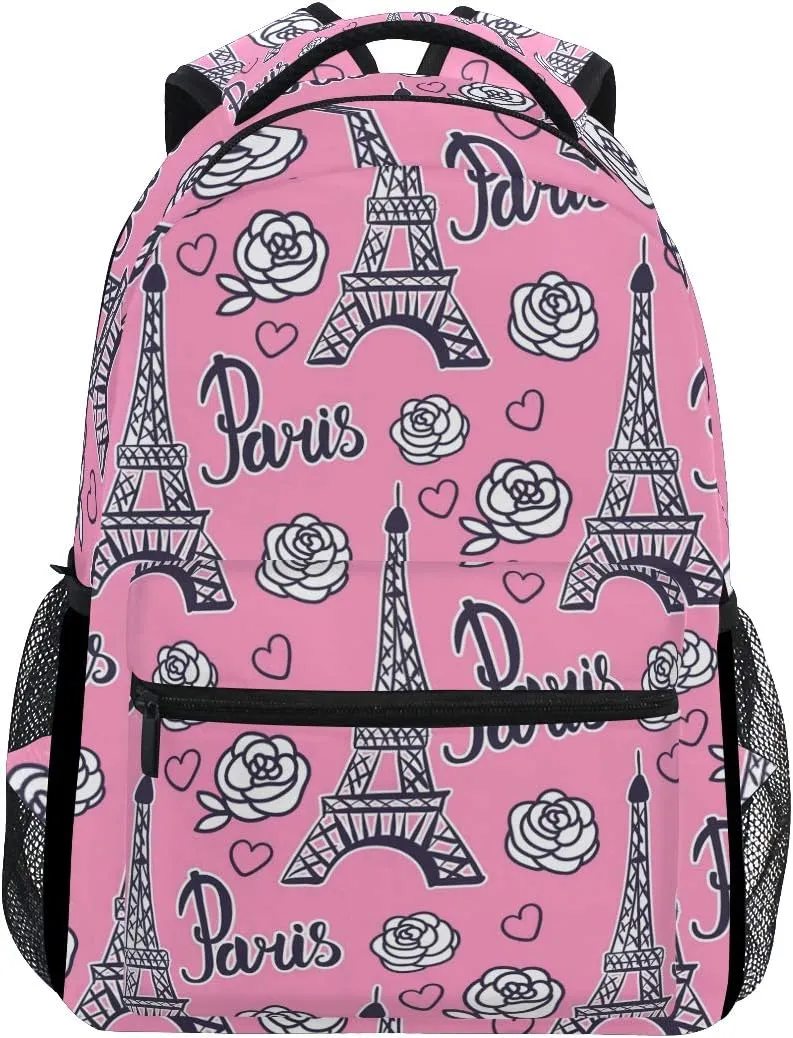 ALAZA Paris Eiffel Tower & Rose Flower Pink Large Backpack Personalized Laptop iPad Tablet Travel School Bag with Multiple Pockets for Men Women College