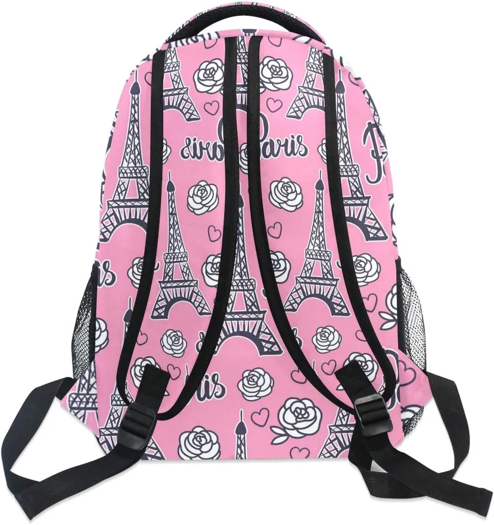 ALAZA Paris Eiffel Tower & Rose Flower Pink Large Backpack Personalized Laptop iPad Tablet Travel School Bag with Multiple Pockets for Men Women College