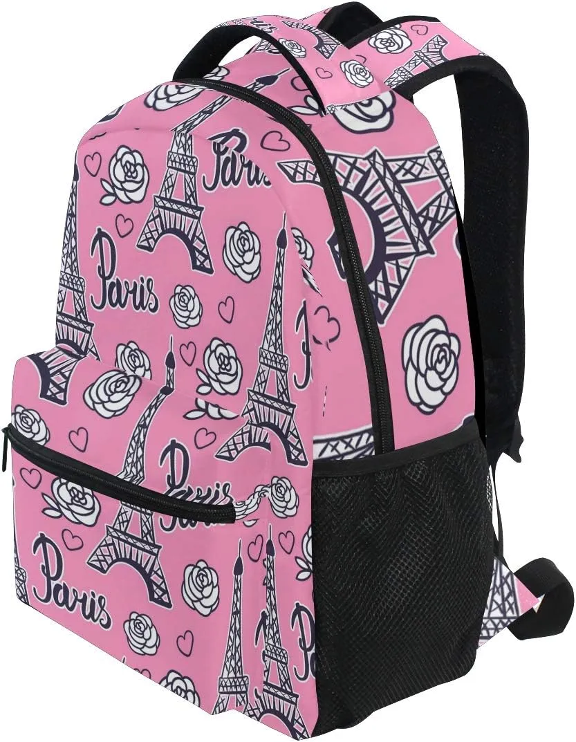ALAZA Paris Eiffel Tower & Rose Flower Pink Large Backpack Personalized Laptop iPad Tablet Travel School Bag with Multiple Pockets for Men Women College