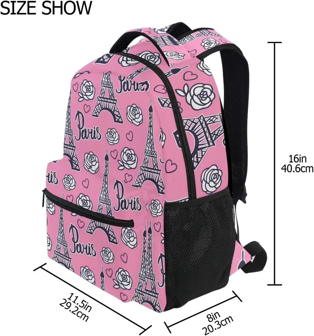 ALAZA Paris Eiffel Tower & Rose Flower Pink Large Backpack Personalized Laptop iPad Tablet Travel School Bag with Multiple Pockets for Men Women College