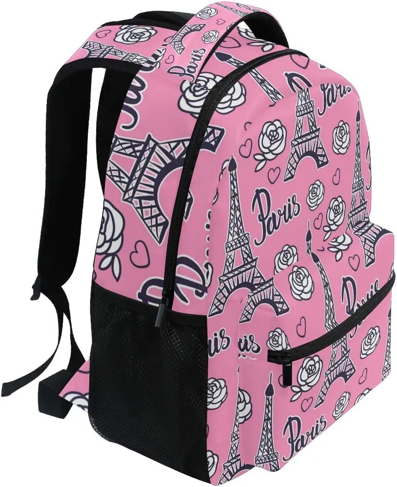 ALAZA Paris Eiffel Tower & Rose Flower Pink Large Backpack Personalized Laptop iPad Tablet Travel School Bag with Multiple Pockets for Men Women College