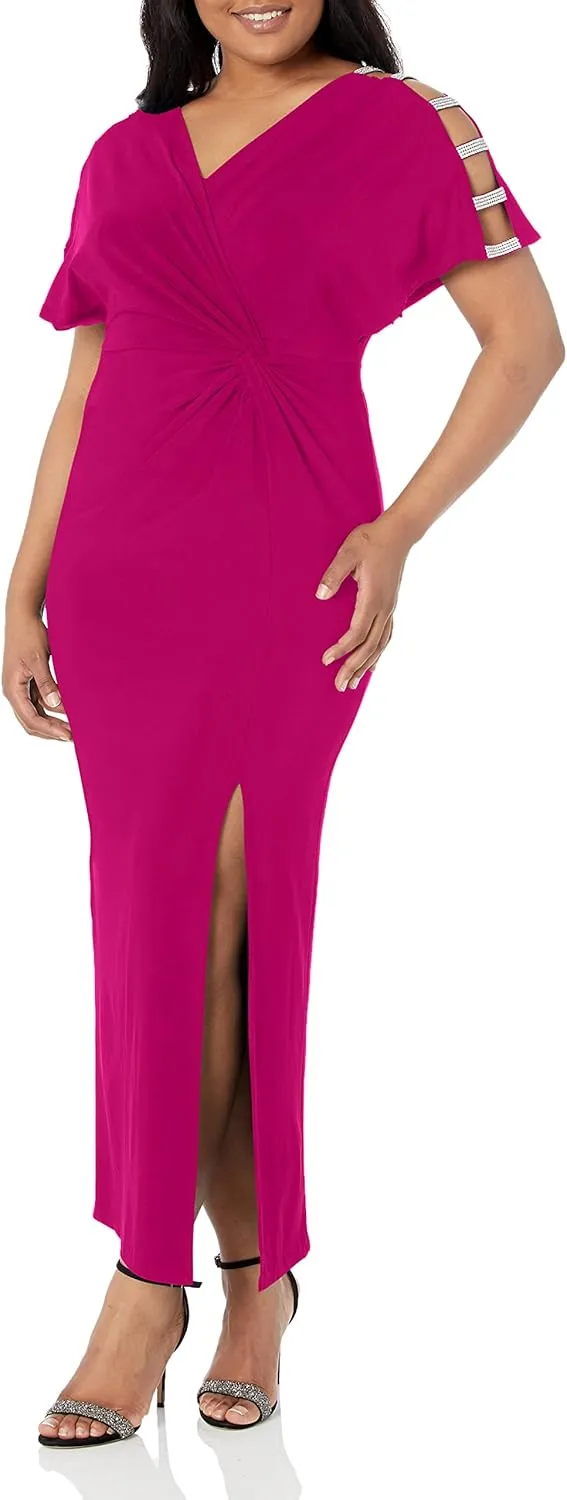 Alex Evenings Women's Long V-Neck Knot Front Wedding Guest Dress with Cold Shoulder Sleeves (Petite and Regular Sizes)
