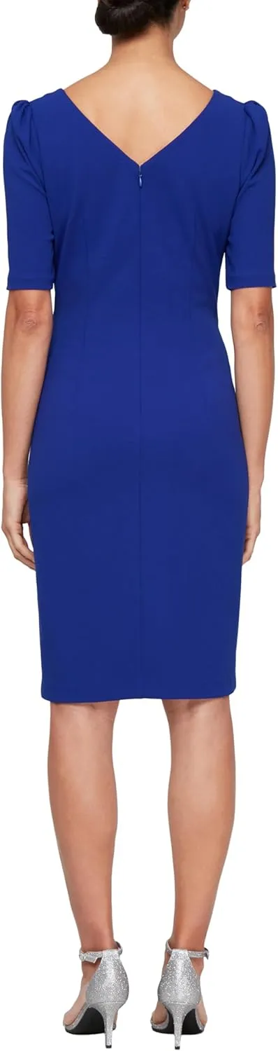 Alex Evenings Women's Short Stretch Crepe Sheath Cocktail Dress with Embellished Neckline and Puff Shoulder Elbow Sleeves