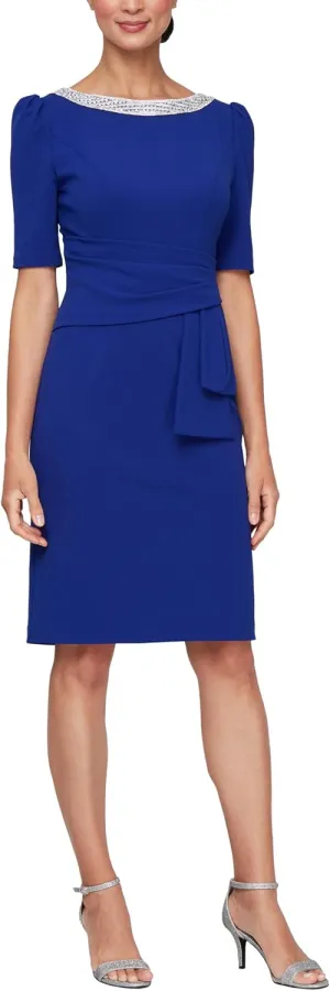 Alex Evenings Women's Short Stretch Crepe Sheath Cocktail Dress with Embellished Neckline and Puff Shoulder Elbow Sleeves