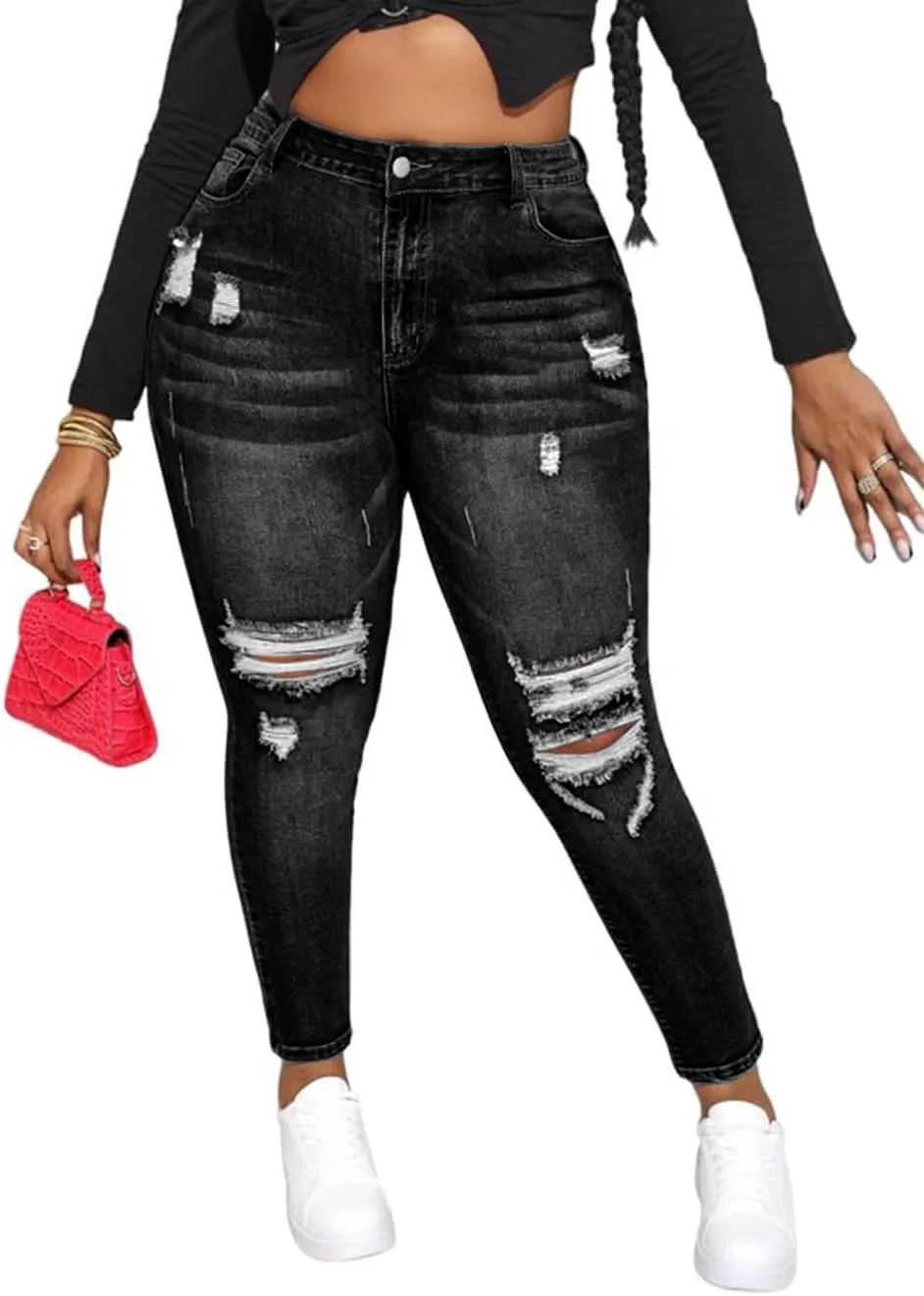 ALLABREVE Womens Plus Size Skinny Jeans Stretchy High Waisted Ankle Jean Ripped Slim Fit Washed Denim Distressed Tight Jean