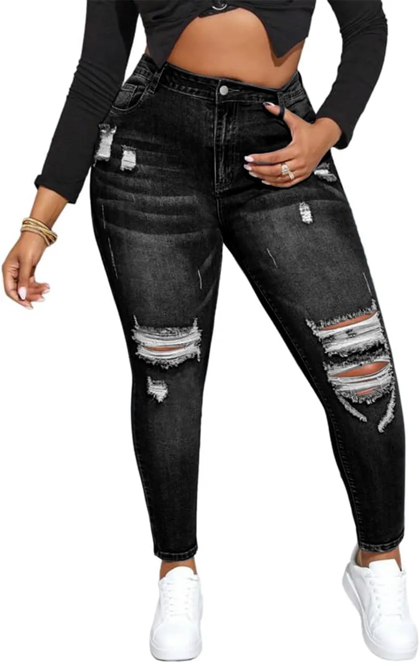 ALLABREVE Womens Plus Size Skinny Jeans Stretchy High Waisted Ankle Jean Ripped Slim Fit Washed Denim Distressed Tight Jean