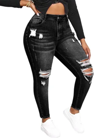 ALLABREVE Womens Plus Size Skinny Jeans Stretchy High Waisted Ankle Jean Ripped Slim Fit Washed Denim Distressed Tight Jean