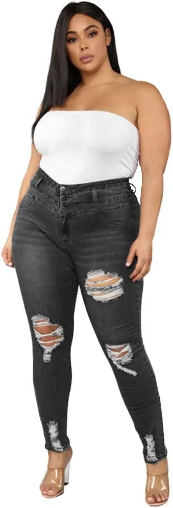 ALLABREVE Womens Plus Size Skinny Jeans Stretchy High Waisted Ankle Jean Ripped Slim Fit Washed Denim Distressed Tight Jean