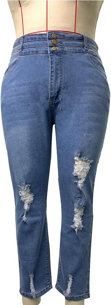 ALLABREVE Womens Plus Size Skinny Jeans Stretchy High Waisted Ankle Jean Ripped Slim Fit Washed Denim Distressed Tight Jean