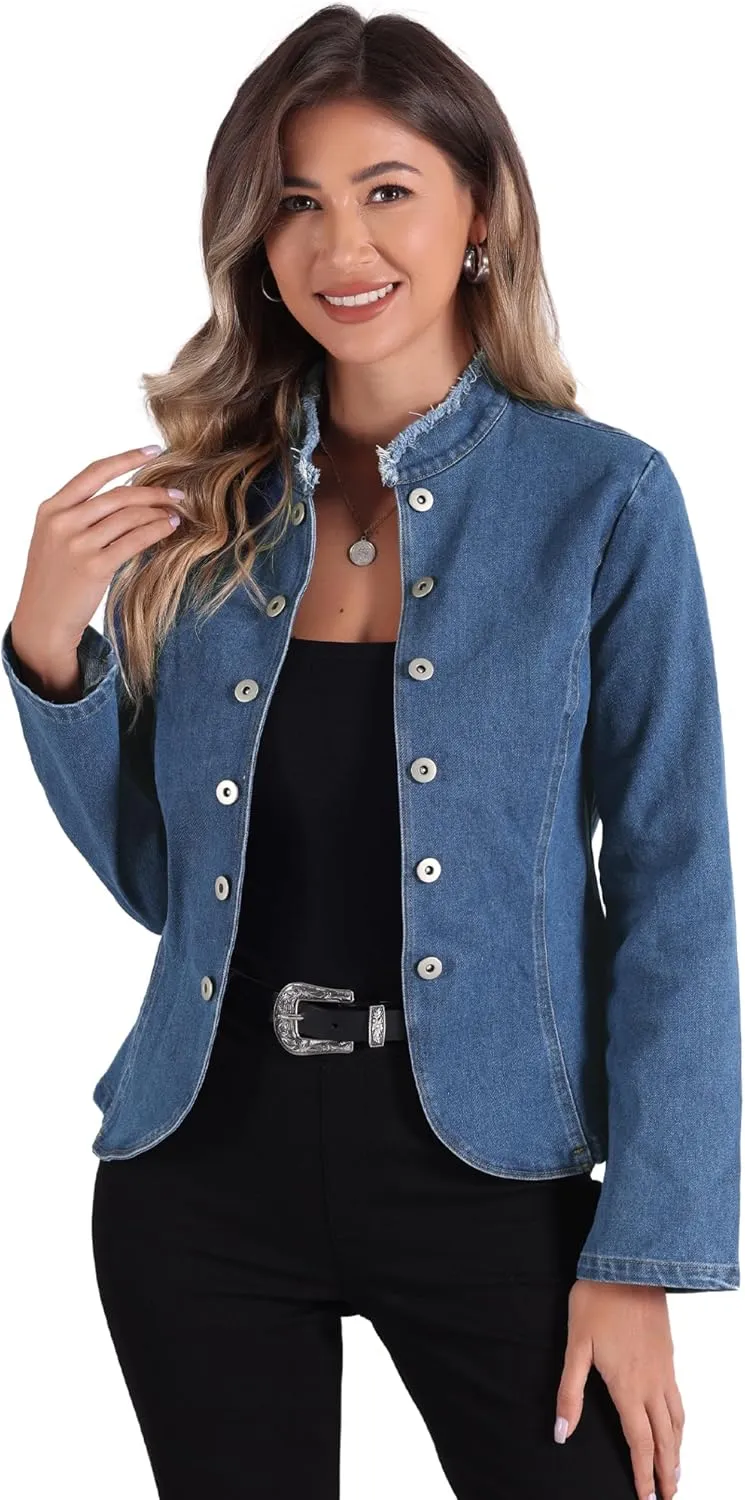 Allegra K Denim Blazer Jacket for Women's Open Front Stand Collar Jeans Suit