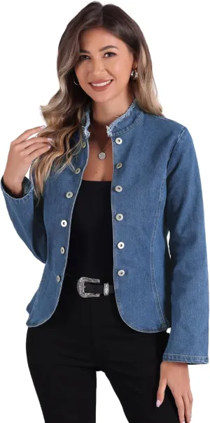 Allegra K Denim Blazer Jacket for Women's Open Front Stand Collar Jeans Suit