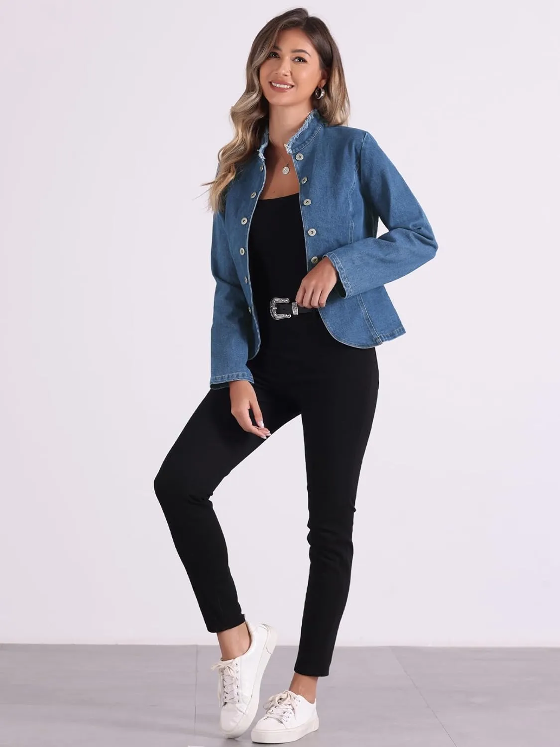 Allegra K Denim Blazer Jacket for Women's Open Front Stand Collar Jeans Suit