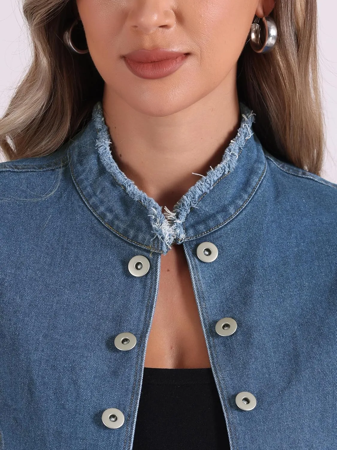 Allegra K Denim Blazer Jacket for Women's Open Front Stand Collar Jeans Suit