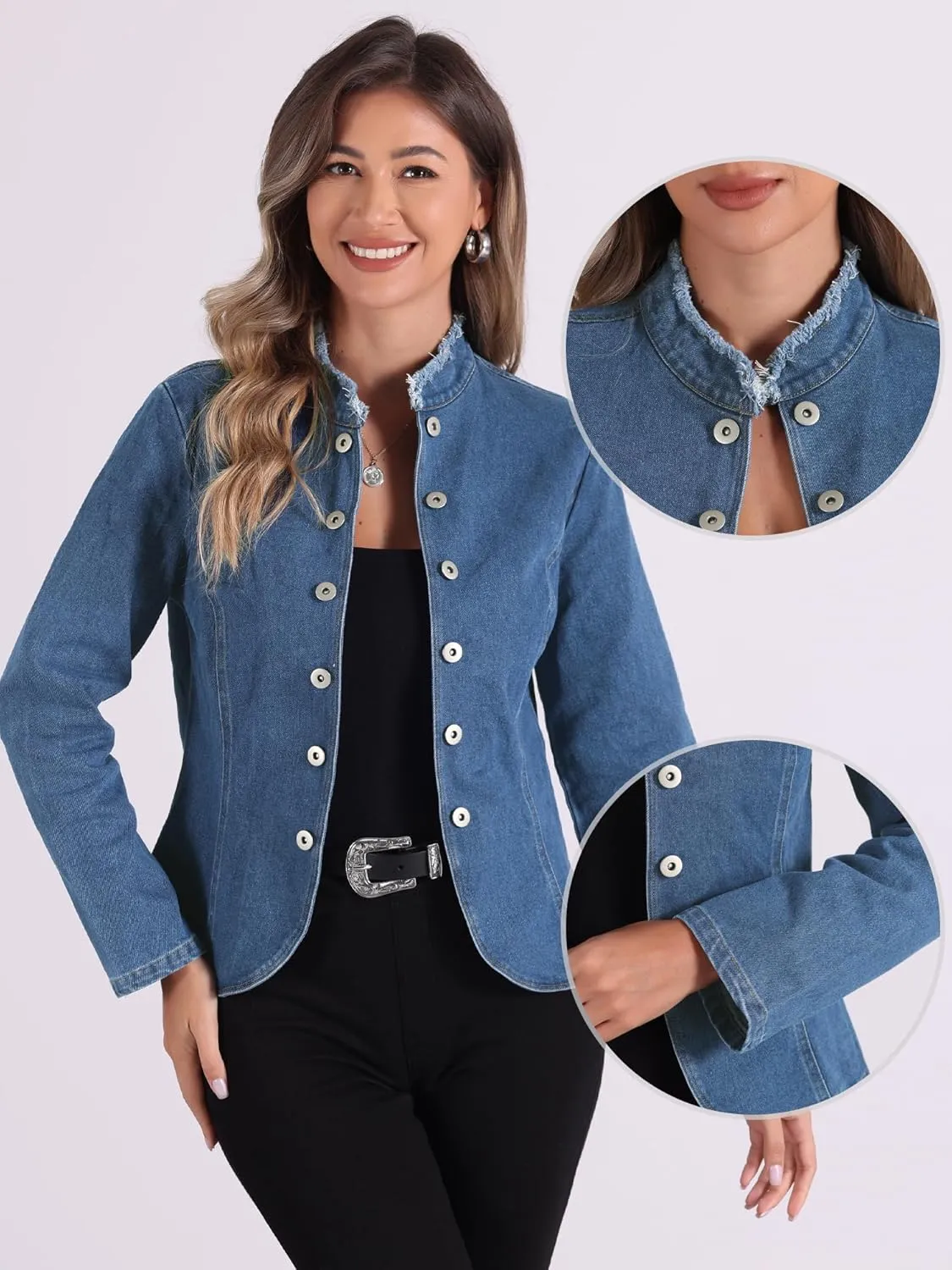 Allegra K Denim Blazer Jacket for Women's Open Front Stand Collar Jeans Suit