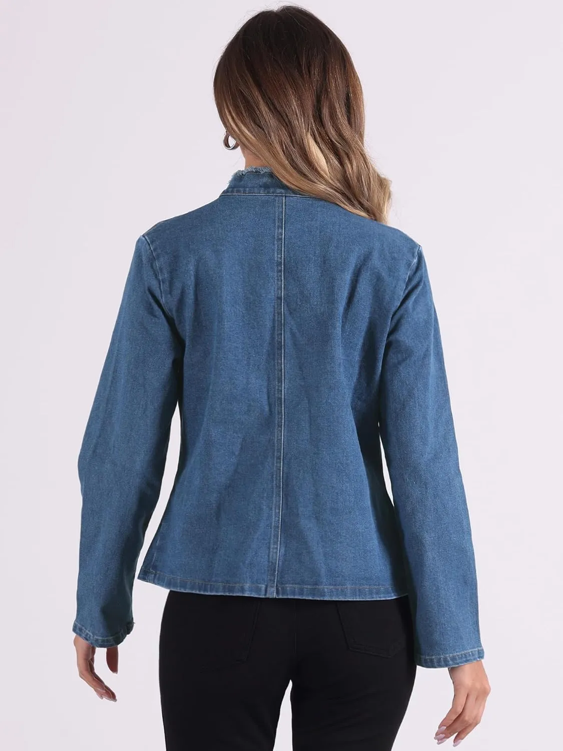 Allegra K Denim Blazer Jacket for Women's Open Front Stand Collar Jeans Suit