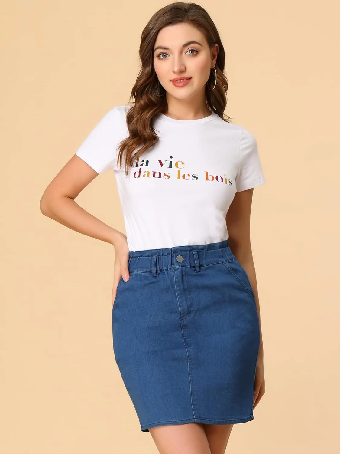 Allegra K Women's Summer High Waist Paper Bag Elastic Knot Belted Denim Skirt