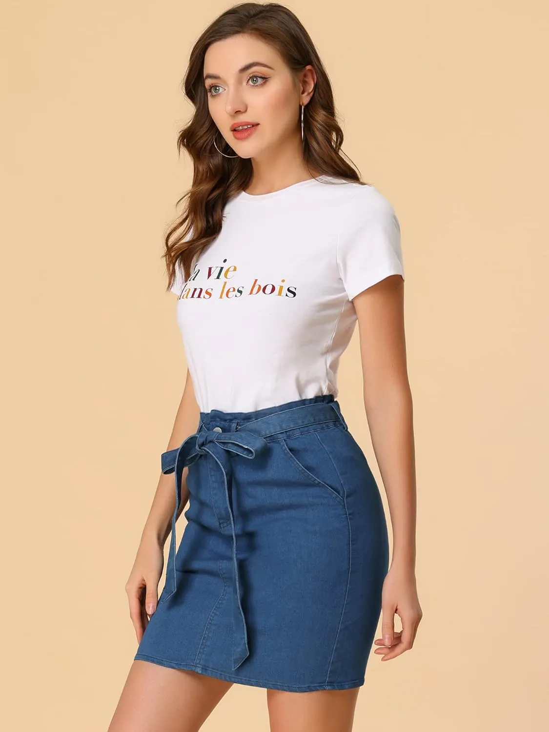 Allegra K Women's Summer High Waist Paper Bag Elastic Knot Belted Denim Skirt