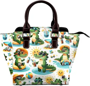 Alligator-Summery-Fun Pu Leather Crossbody Studded Bag, Fashionable Shoulder Handbag With Detachable Shoulder Strap