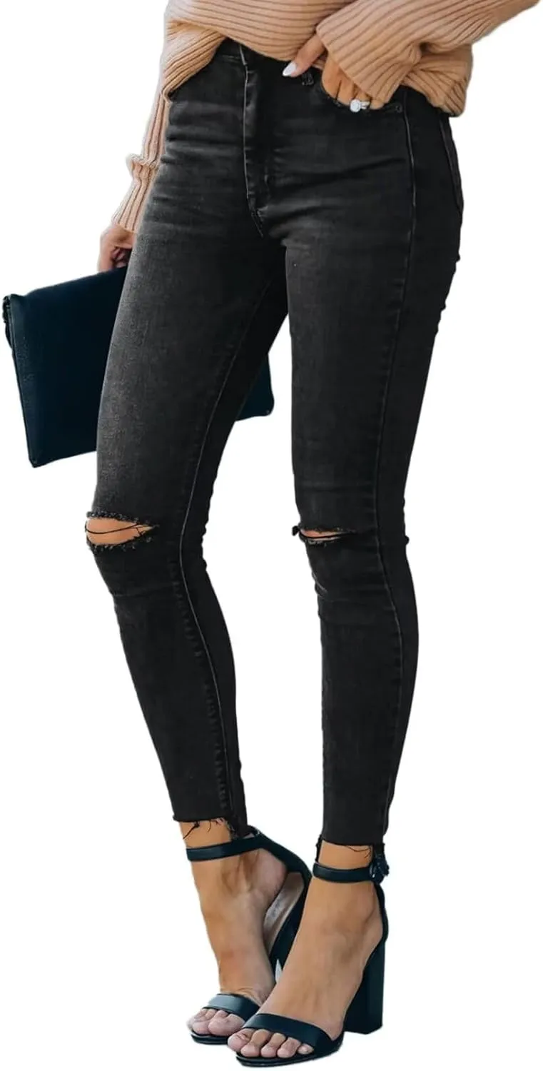 Allimy Women's High Rise Skinny Stretch Ripped Jeans High Waisted Destroyed Denim Pants