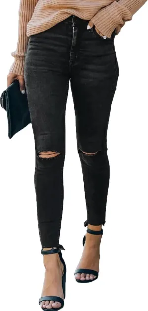Allimy Women's High Rise Skinny Stretch Ripped Jeans High Waisted Destroyed Denim Pants