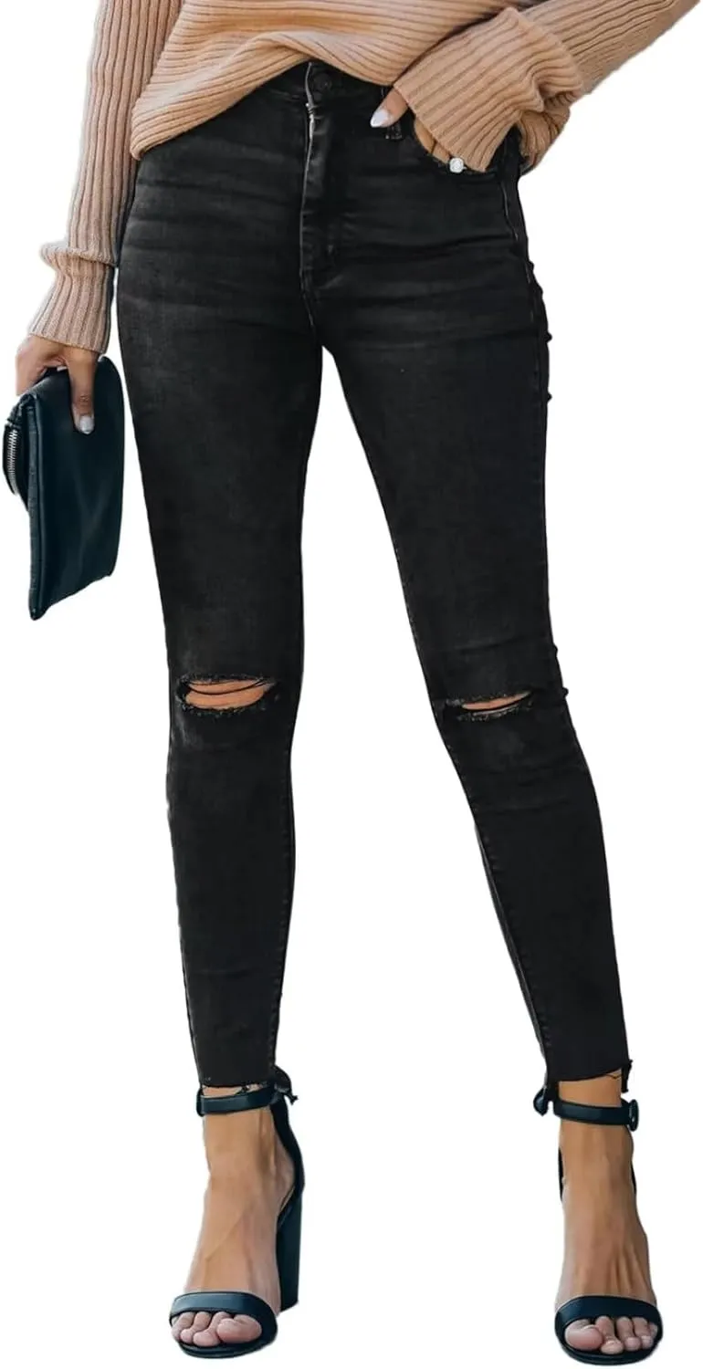 Allimy Women's High Rise Skinny Stretch Ripped Jeans High Waisted Destroyed Denim Pants