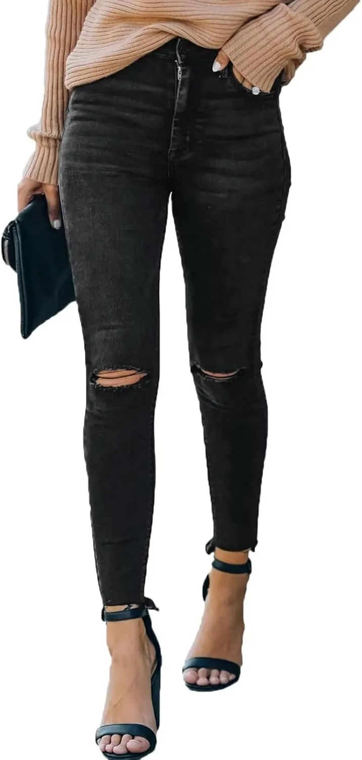 Allimy Women's High Rise Skinny Stretch Ripped Jeans High Waisted Destroyed Denim Pants
