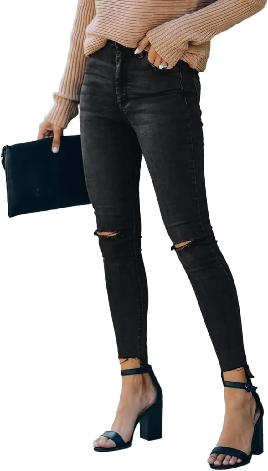 Allimy Women's High Rise Skinny Stretch Ripped Jeans High Waisted Destroyed Denim Pants