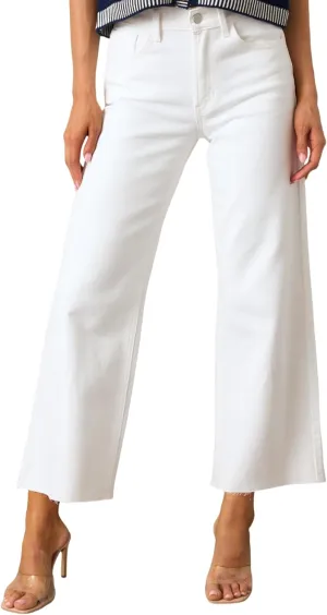 Allimy Women's High Waisted Straight Ankle Wide Leg Ripped Jeans Frayed Hem Stretchy Capri Denim Pants