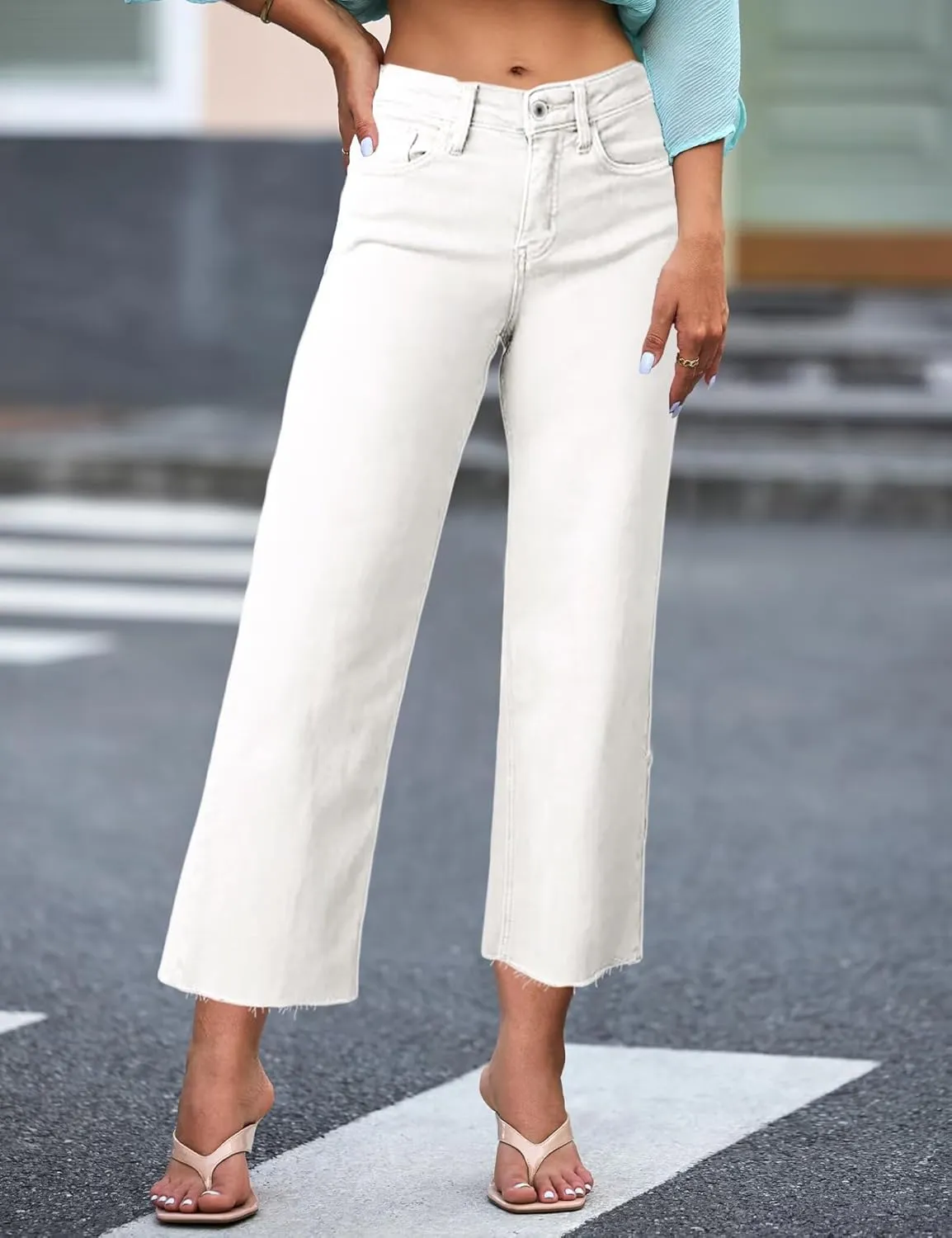 Allimy Women's High Waisted Straight Ankle Wide Leg Ripped Jeans Frayed Hem Stretchy Capri Denim Pants