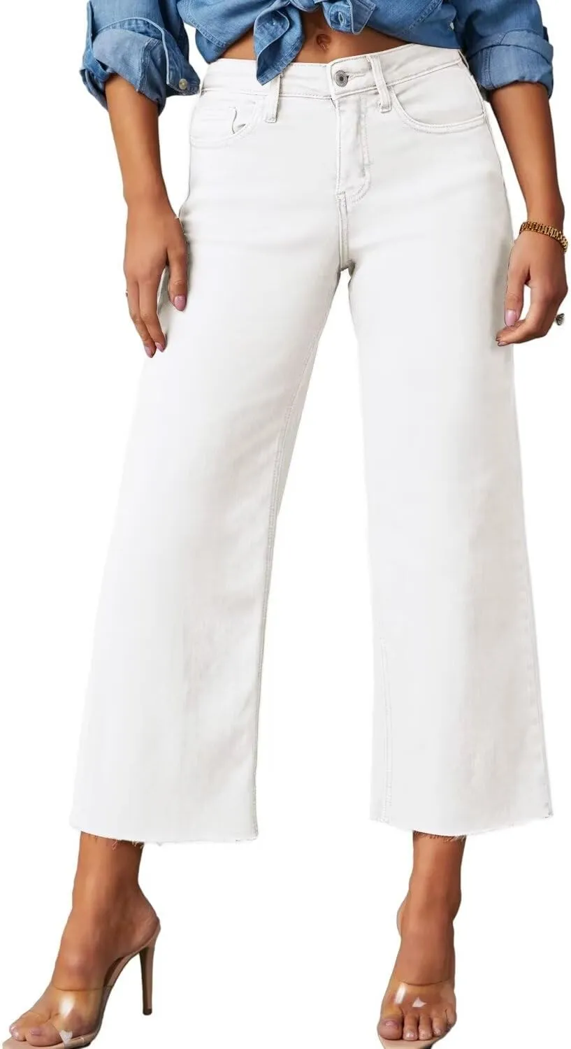 Allimy Women's High Waisted Straight Ankle Wide Leg Ripped Jeans Frayed Hem Stretchy Capri Denim Pants
