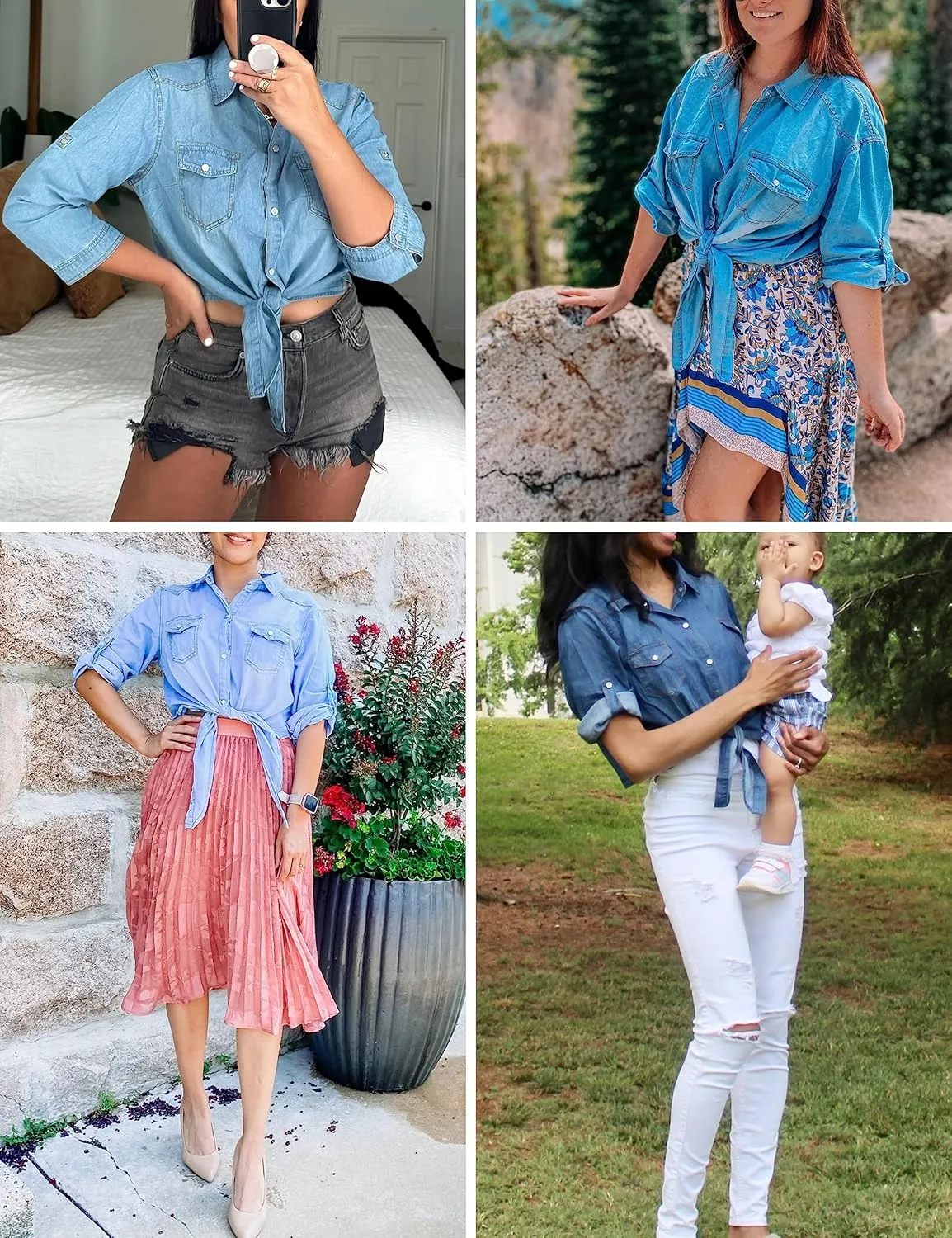 AMEBELLE Women's Roll Up 3/4 Sleeve Tie Front Knot Shirt Chambray Denim Crop Top