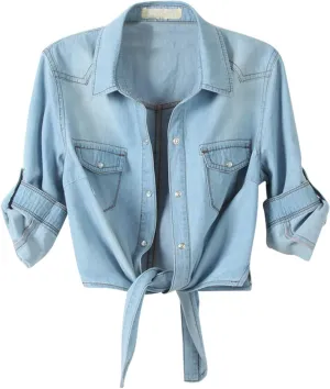 AMEBELLE Women's Roll Up 3/4 Sleeve Tie Front Knot Shirt Chambray Denim Crop Top