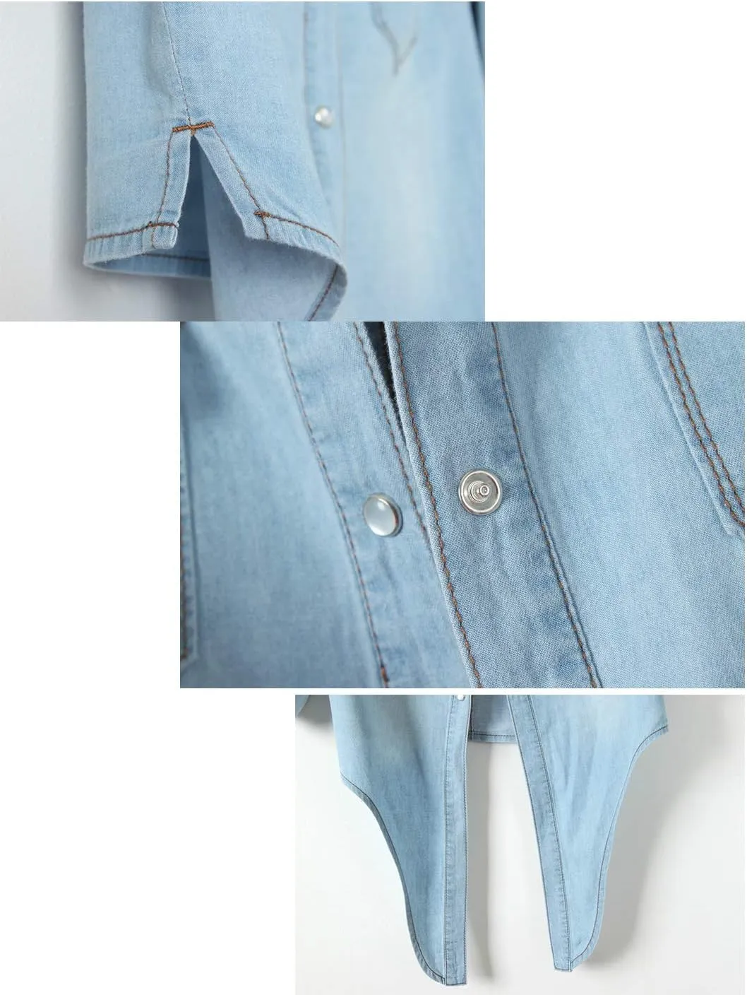 AMEBELLE Women's Roll Up 3/4 Sleeve Tie Front Knot Shirt Chambray Denim Crop Top
