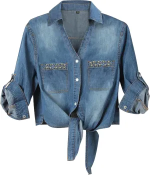 AMEBELLE Women's Roll Up 3/4 Sleeve Tie Front Knot Shirt Chambray Denim Crop Top