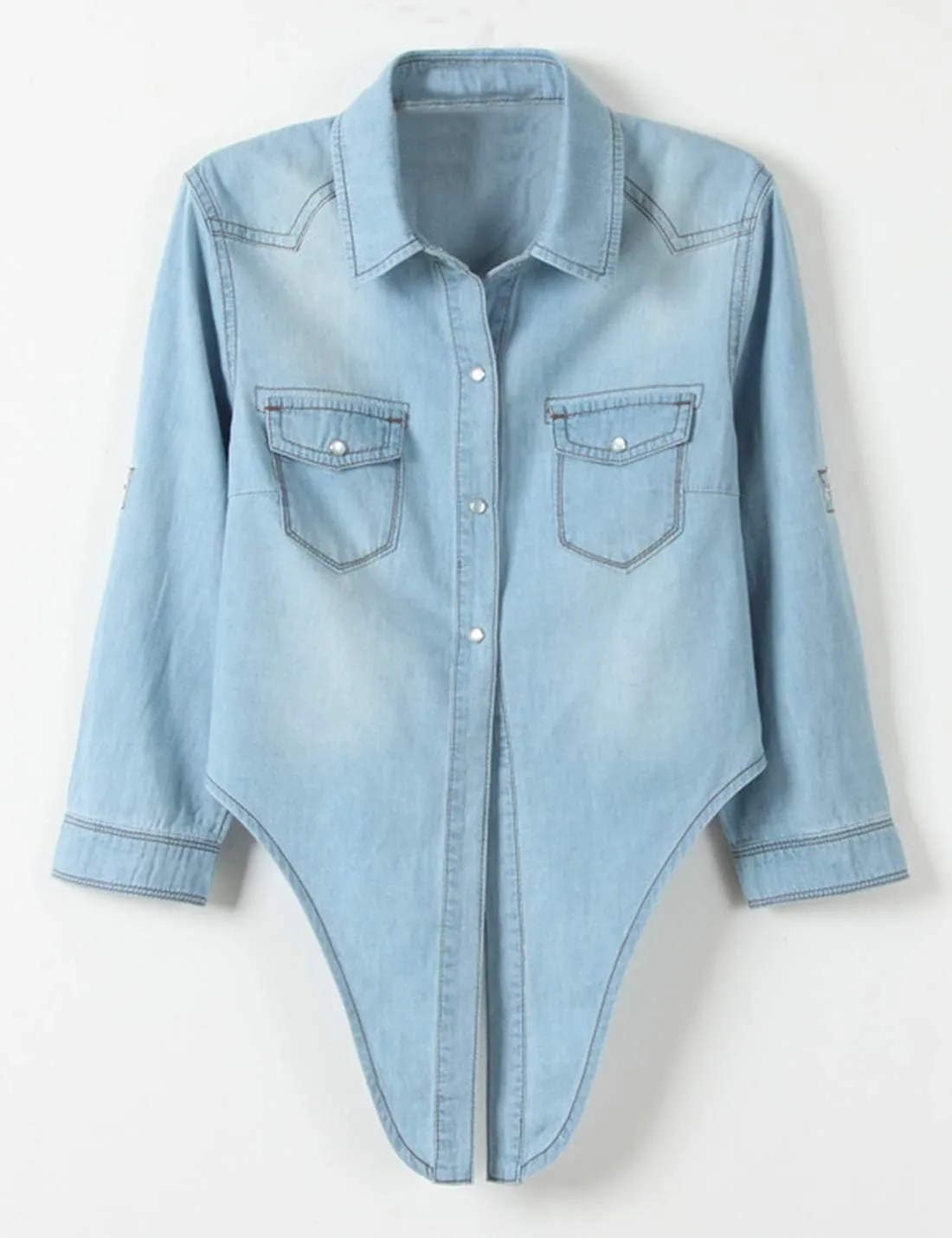 AMEBELLE Women's Roll Up 3/4 Sleeve Tie Front Knot Shirt Chambray Denim Crop Top