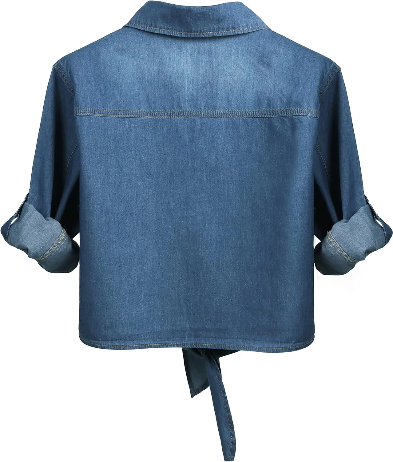 AMEBELLE Women's Roll Up 3/4 Sleeve Tie Front Knot Shirt Chambray Denim Crop Top
