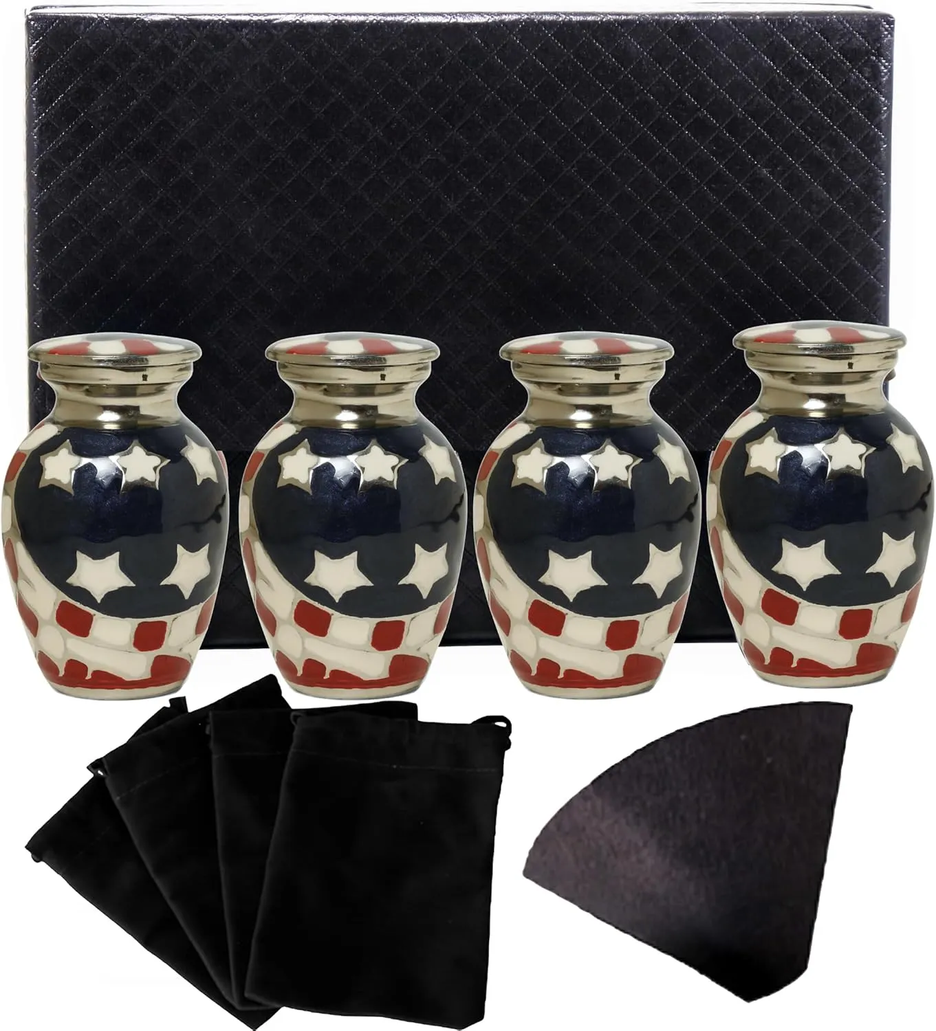 American Flag Embossed Urns & Keepsake Set of 4 with Four Velvet Carry Bags, A Funnel, and A Premium Gift Box - Serenity Funeral Ashes Container