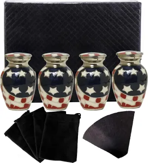 American Flag Embossed Urns & Keepsake Set of 4 with Four Velvet Carry Bags, A Funnel, and A Premium Gift Box - Serenity Funeral Ashes Container