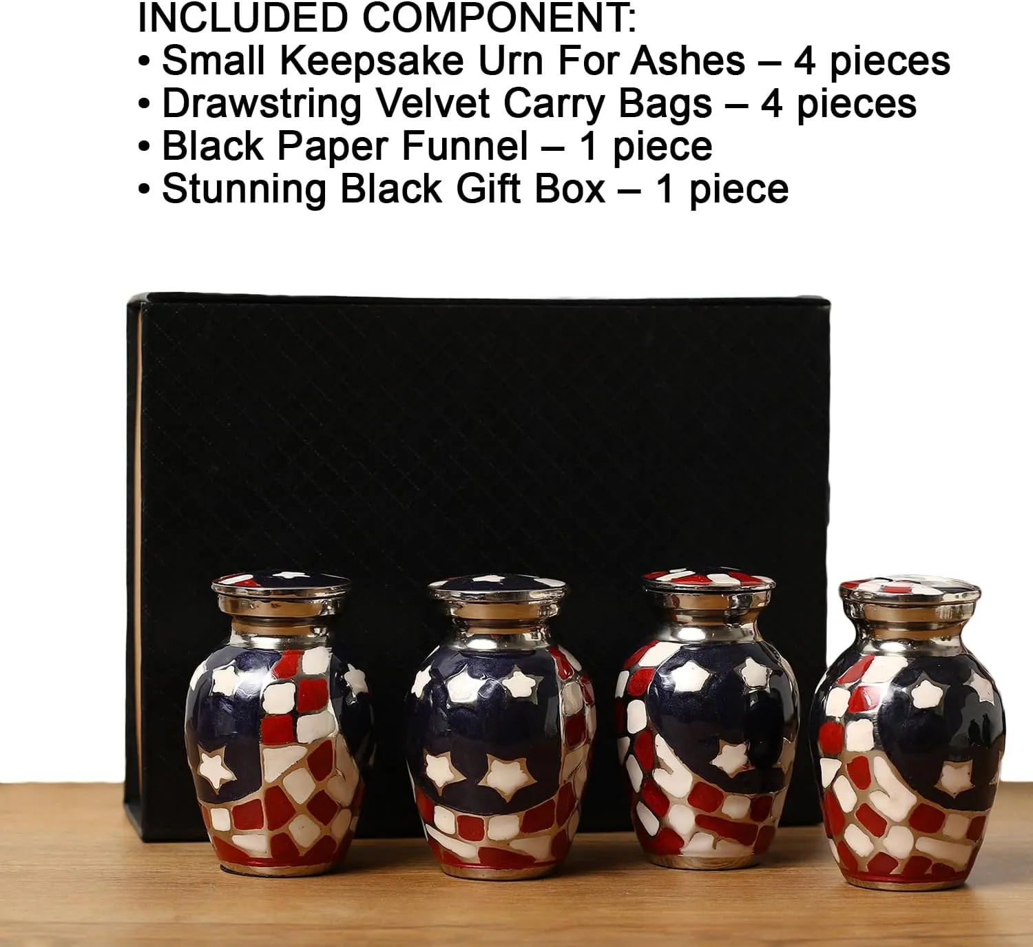 American Flag Embossed Urns & Keepsake Set of 4 with Four Velvet Carry Bags, A Funnel, and A Premium Gift Box - Serenity Funeral Ashes Container
