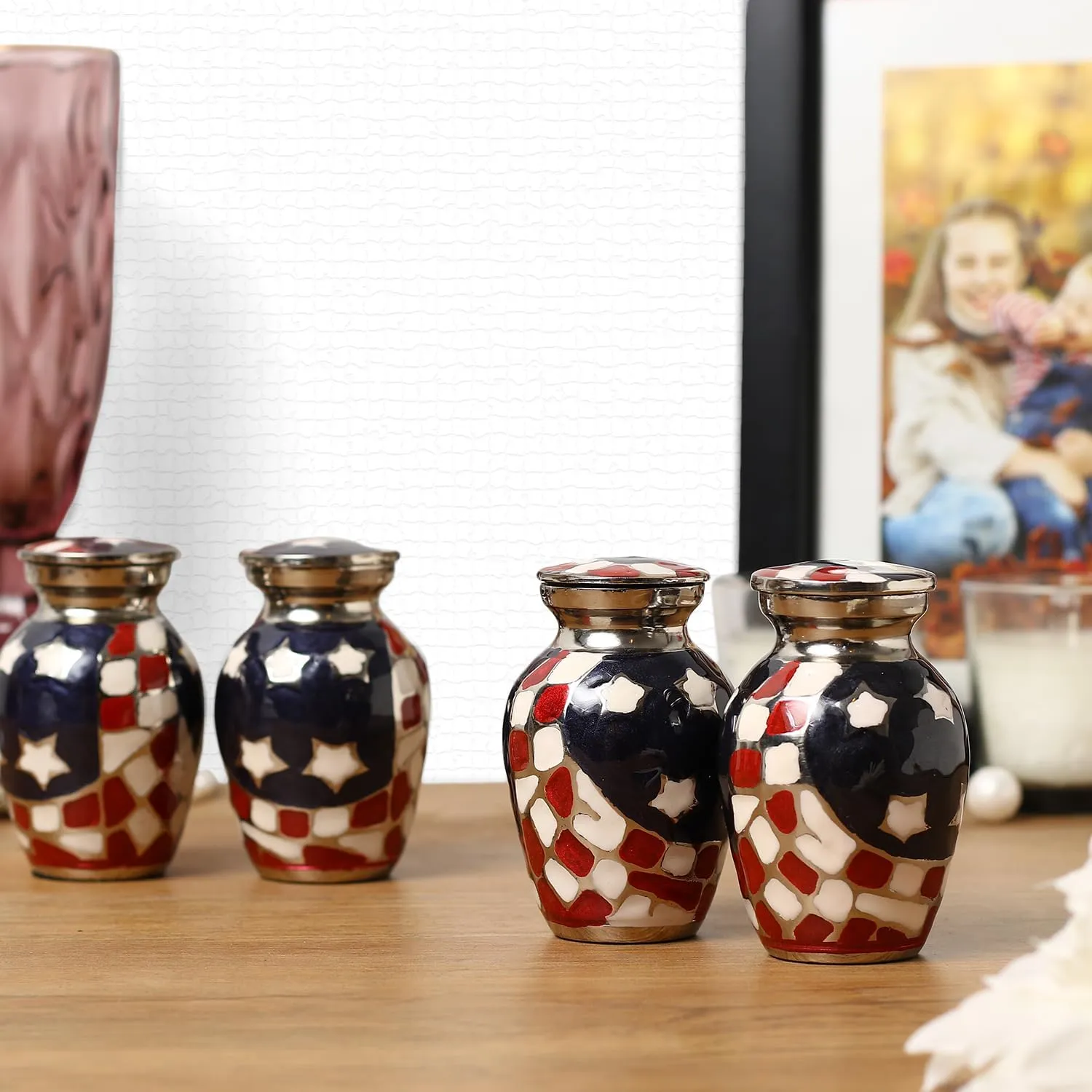 American Flag Embossed Urns & Keepsake Set of 4 with Four Velvet Carry Bags, A Funnel, and A Premium Gift Box - Serenity Funeral Ashes Container
